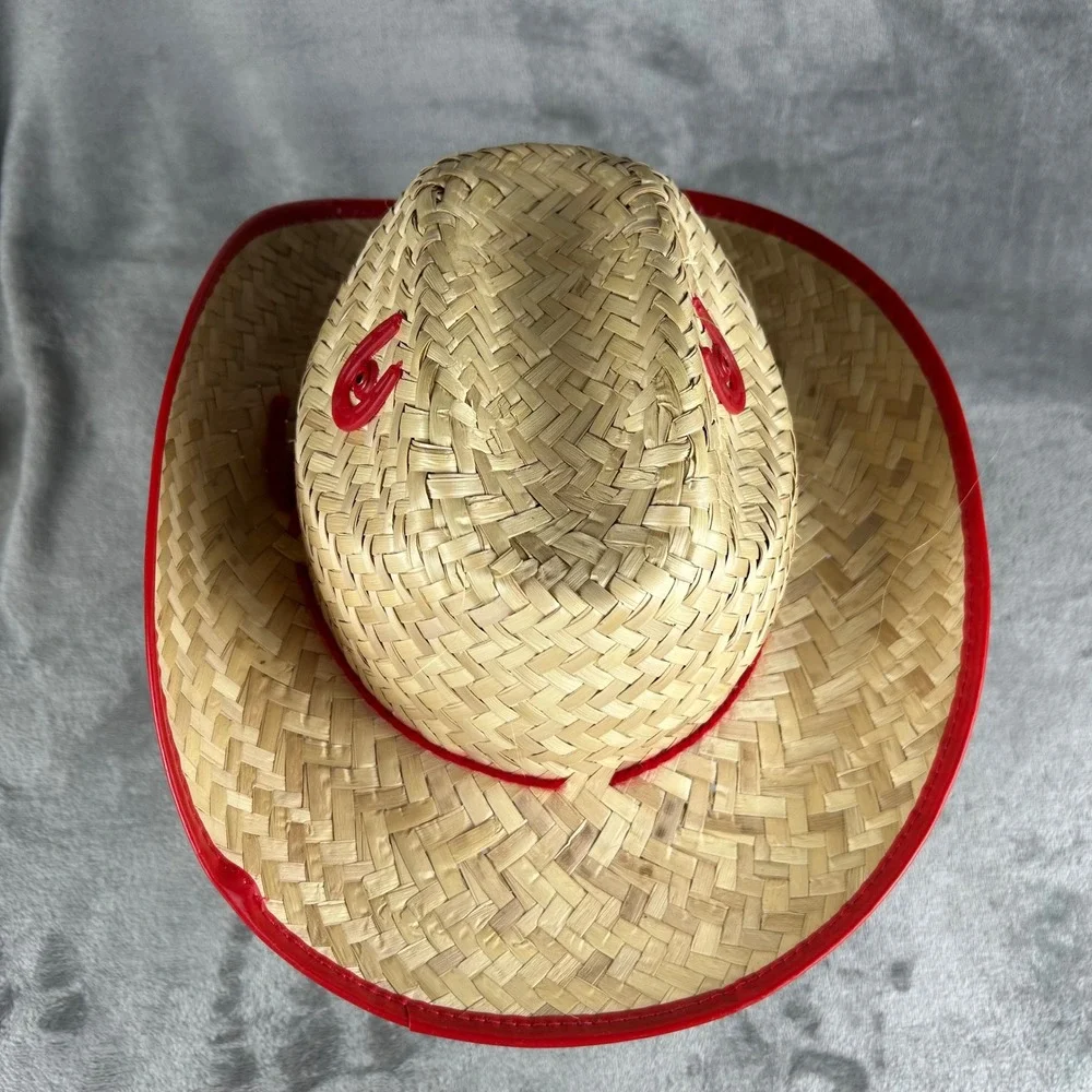 Kids Woven Straw Cowboy Hat Red Trim Western Costume Sheriff Accessory